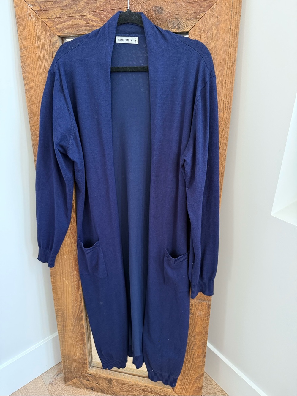 Deep Navy Open-Front Long Cardigan with Pockets